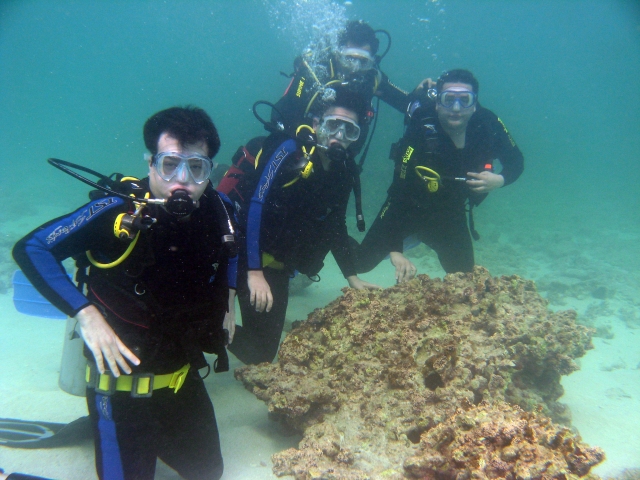  Group of participants quietly breathing underwater 