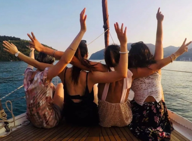 by boat with friends 