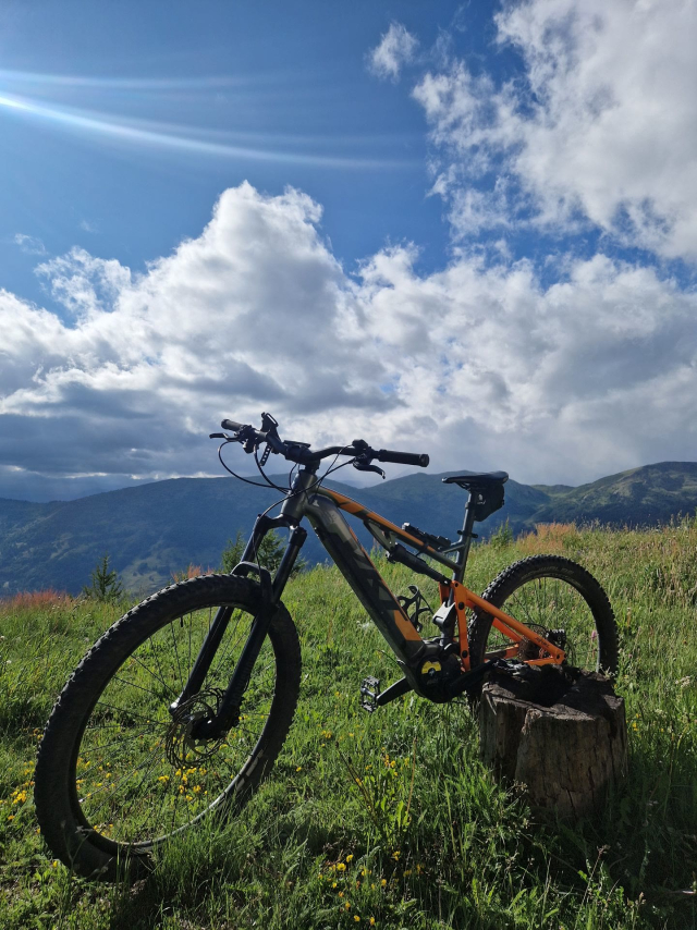  Un vélo électrique VTT au milieu de la prairie 