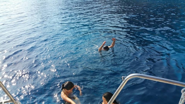  在地中海蔚蓝的海水中游泳 
